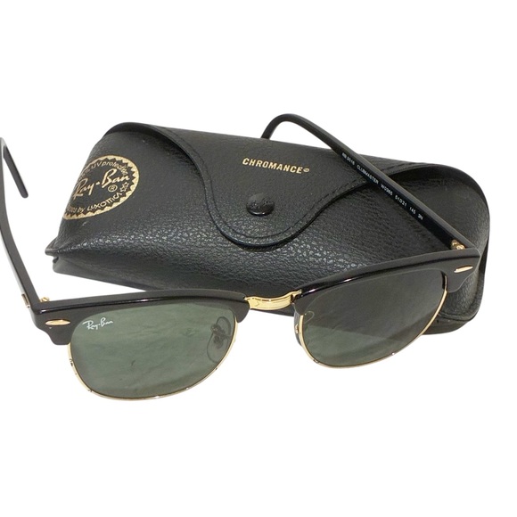 Ray Ban Unisex Clubmaster Classic Black Gold Trim Sunglasses - Picture 1 of 6